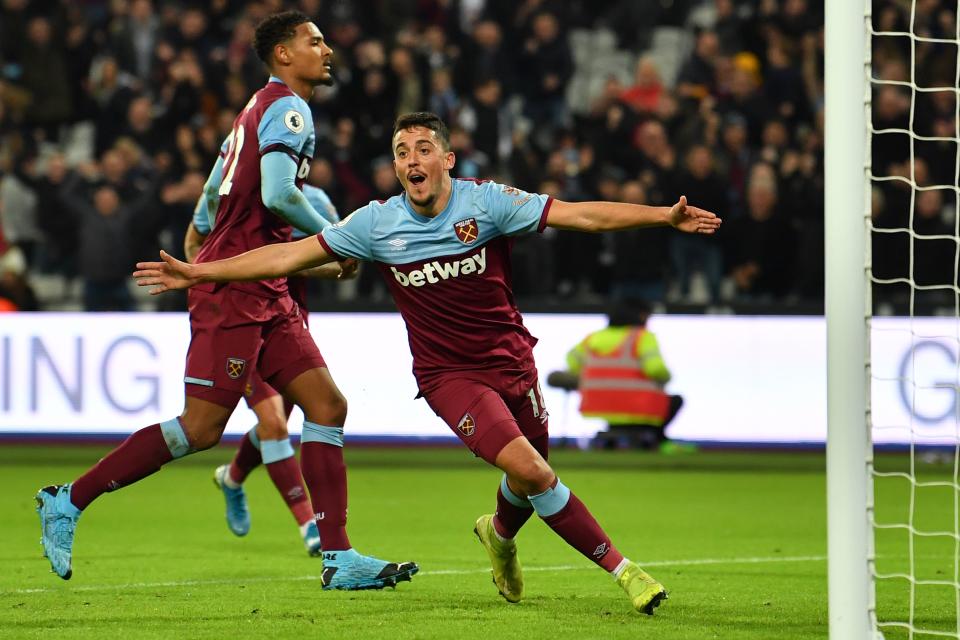 West Ham United's Spanish midfielder Pablo Fornals celebrates scoring their first goal to equalise 1-1 during the English Premier League football match between West Ham United and Leicester City at The London Stadium, in east London on December 28, 2019. (Photo by Ben STANSALL / AFP) / RESTRICTED TO EDITORIAL USE. No use with unauthorized audio, video, data, fixture lists, club/league logos or 'live' services. Online in-match use limited to 120 images. An additional 40 images may be used in extra time. No video emulation. Social media in-match use limited to 120 images. An additional 40 images may be used in extra time. No use in betting publications, games or single club/league/player publications. /  (Photo by BEN STANSALL/AFP via Getty Images)