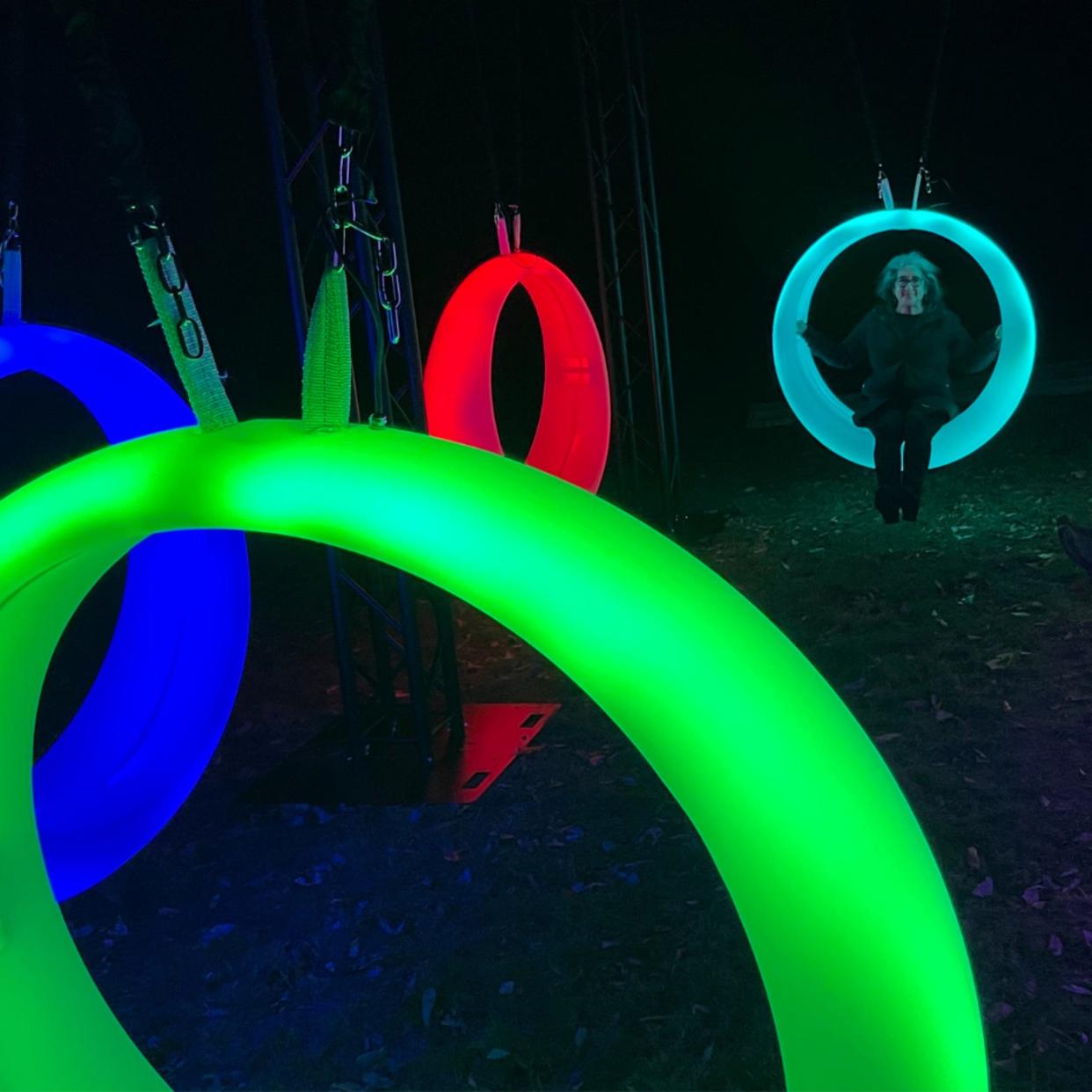 Fernwood Botanical Garden in Niles adds these glowing orb-shaped swings to its “Lights at Fernwood” display in 2023.