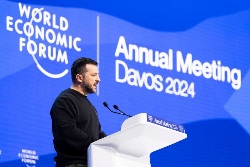 Ukrainian President Volodymyr Zelensky, speaks during the Welcoming Remarks session at the World Economic Forum Annual Meeting 2024 in Davos. Valeriano Di Domenico/World Economic Forum/dpa