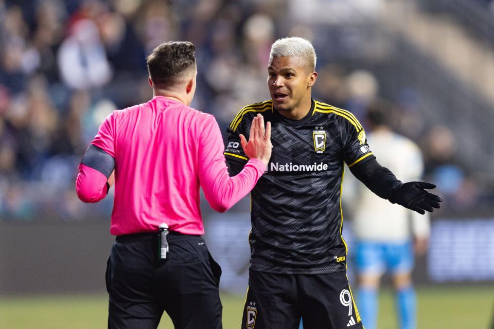 Crew forward Cucho Hernandez reacts after receiving a yellow card on Saturday.