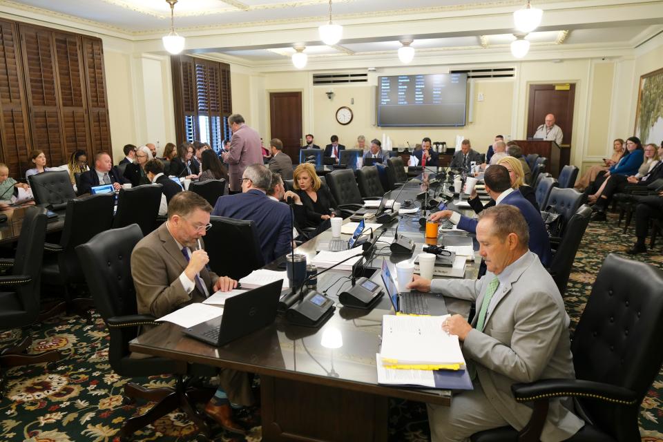 The House appropriations and budget committee meeting prepares to start Tuesday at the Oklahoma Capitol.