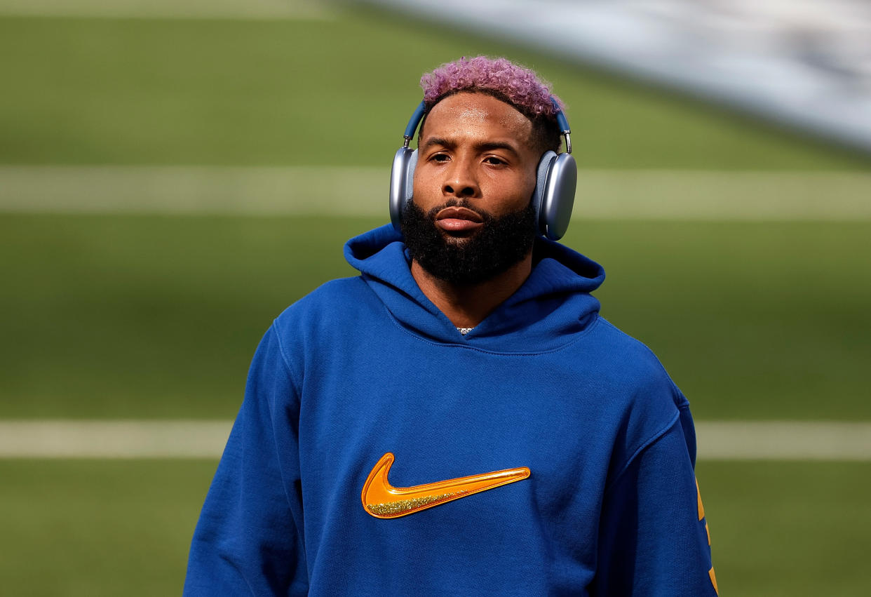 INGLEWOOD, CALIFORNIA - FEBRUARY 13: Odell Beckham Jr. #3 warms up during Super Bowl LVI at SoFi Stadium on February 13, 2022 in Inglewood, California. (Photo by Steph Chambers/Getty Images)