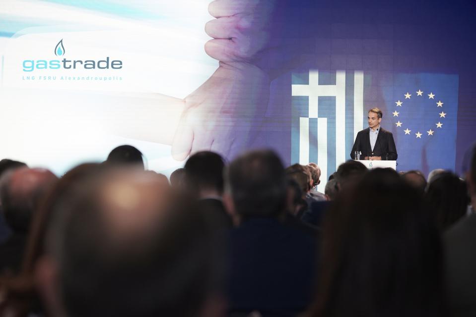 Greece's Prime Minister Kyriakos Mitsotakis speaks during a ceremony at the port of Alexandroupolis, northern Greece, Tuesday, May 3, 2022. Top European Union official Charles Michel is joining the leaders of four Balkan countries on a tour of liquefied natural gas facilities being built in northern Greece to challenge Russia's energy dominance in the region. (Dimitris Papamitsos/Greek Prime Minister's Office via AP)