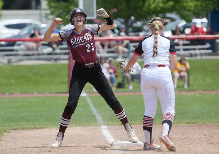 Beaver's Chloe List reacts after hitting a triple during the WPIAL Class 4A  championship against Elizabeth Forward, Friday, June 3 at California University.