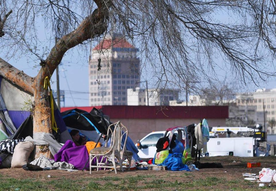 The so-called Triangle homeless encampment, seen earlier in the month, sat just south of downtown Fresno. City and state officials arrived Wednesday, March 17 to clean it up.