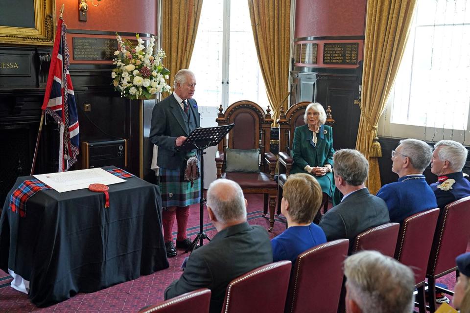 Britain's King Charles III and Britain's Camilla, Queen Consort attend an official council meeting at the City Chambers in Dunfermline, to formally mark the conferral of city status on the former town, in Dunfermline in south east Scotland