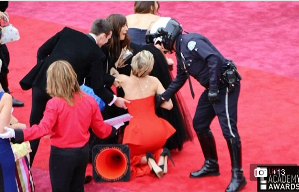 She also took a tumble on the 2014 Oscars red carpet.