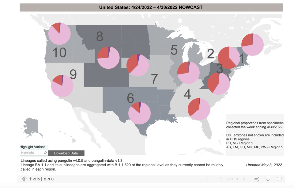 The share of BA.2.12.1 regionally the U.S. (in red) vs. BA.2 (in pink). - Credit: CDC