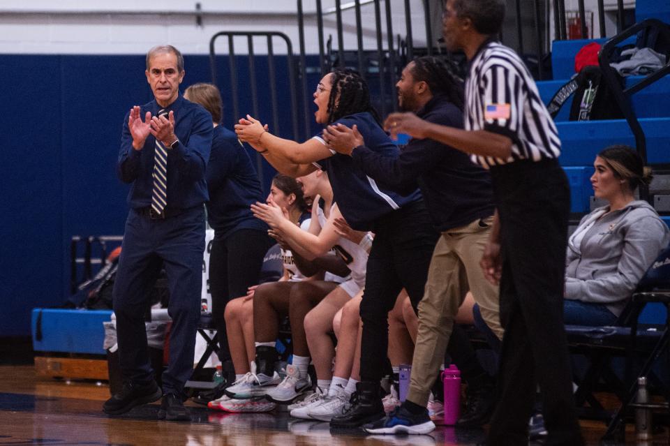 Lourdes' head coach Al Viani applauds a play during his team's Dec. 9, 2023 girls basketball game against Kennedy Catholic.