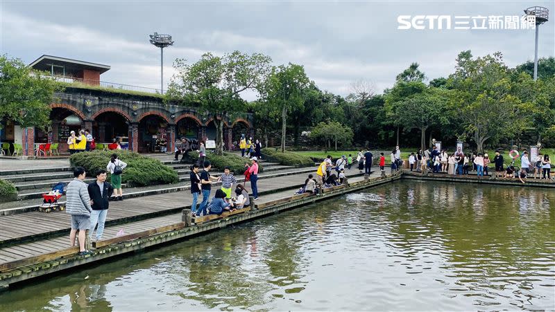 許多小孩在人工湖餵魚。（圖／記者黃韻璇攝影）