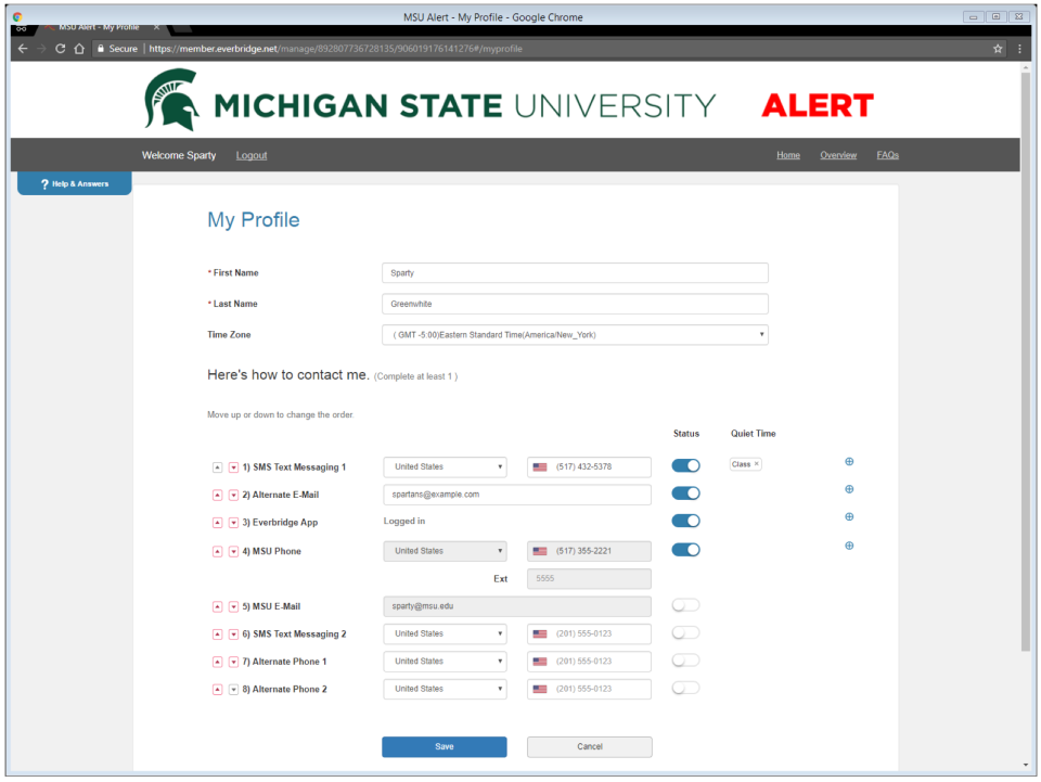A sample guide from MSU showing several methods of alert communication.