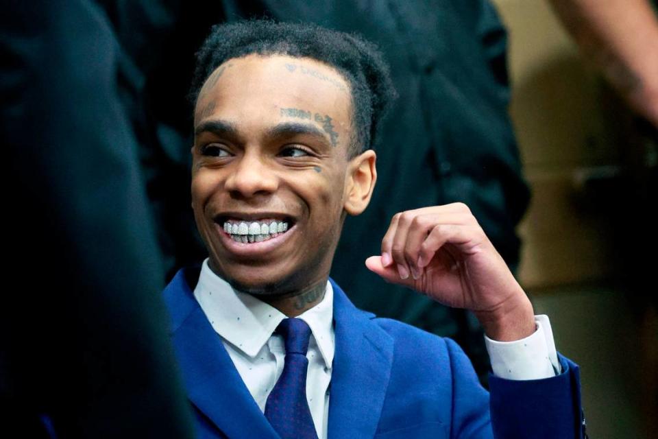 Jamell Demons, better known as rapper YNW Melly, reacts after the judge declared a mistrial after the jury was deadlocked and unable to reach a verdict at the Broward County Courthouse in Fort Lauderdale on Saturday, July 22, 2023. Demons, 24, is accused of killing two fellow rappers and conspiring to make it look like a drive-by shooting in October 2018.