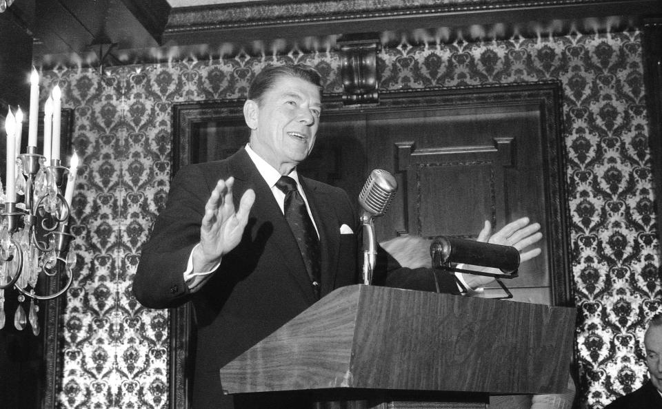 Former California Governor Ronald Reagan speaks to Republicans gathered for a $100-a-plate champagne brunch GOP fundraiser at The Manor in West Orange, N.J., on April 27, 1975.