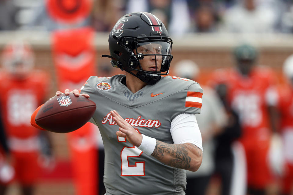 American quarterback Spencer Rattler of South Carolina throws a pass during the first half of the Senior Bowl NCAA college football game, Saturday, Feb. 3, 2024, in Mobile, Ala. (AP Photo/ Butch Dill)