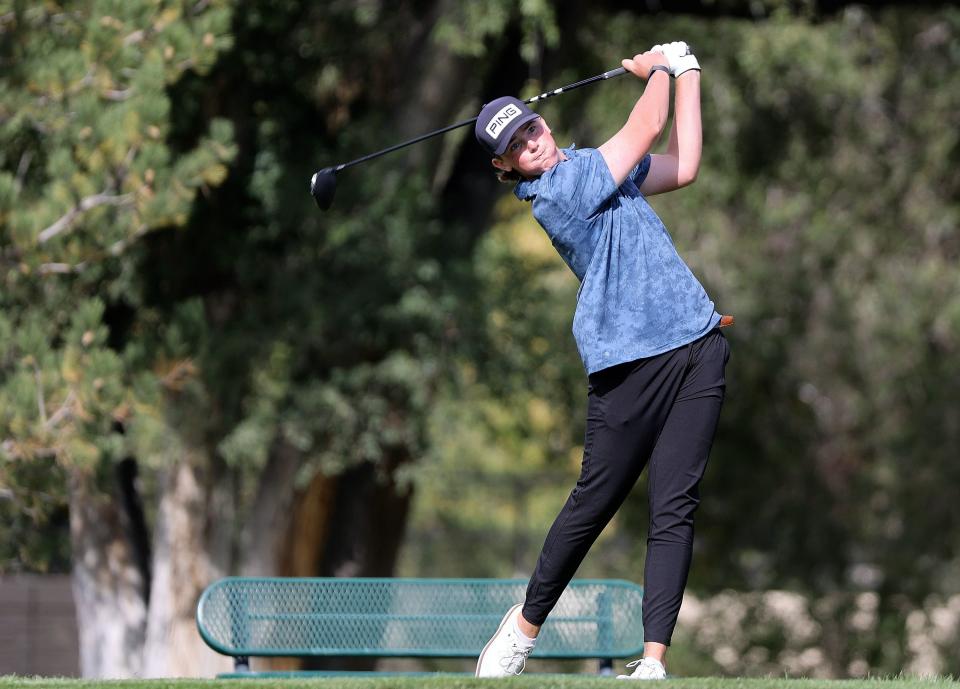 Bonneville’s Parker Bunn competes in a playoff round and wins the 5A boys state golf championship at Fox Hollow Golf Club in American Fork on Tuesday, Oct. 10, 2023. | Kristin Murphy, Deseret News