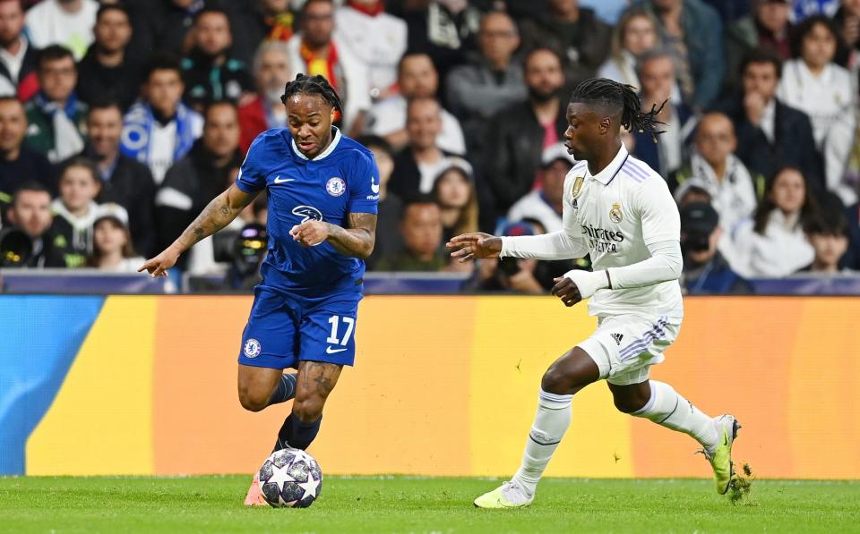 Raheem Sterling of Chelsea is challenged by Eduardo Camavinga of Real Madrid during the UEFA Champions League quarterfinal first leg match between Real Madrid and Chelsea FC at Estadio Santiago Bernabeu - Getty Images/Darren Walsh