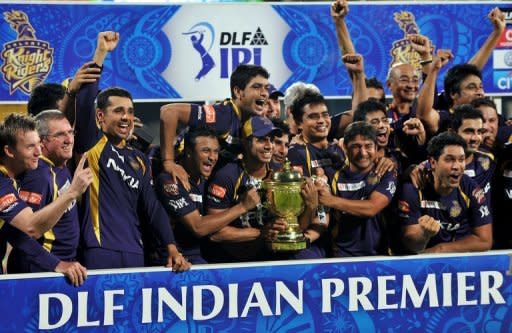 Kolkata Knight Riders celebrate after winning the DLF IPL Twenty20 Champions Trophy during the IPL Twenty20 final match against Chennai Super Kings (CSK) at the M.A. Chidambaram Stadium in Chennai