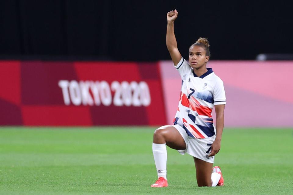 Nikita Parris of Team GB takes a knee prior to her side’s match against Japan in Sapporo, Hokkaido (Masashi Hara/Getty)