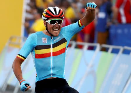 2016 Rio Olympics - Cycling Road - Final - Men's Road Race - Fort Copacabana - Rio de Janeiro, Brazil - 06/08/2016. Greg Van Avermaet (BEL) of Belgium celebrates as he crosses the finish line REUTERS/Paul Hanna