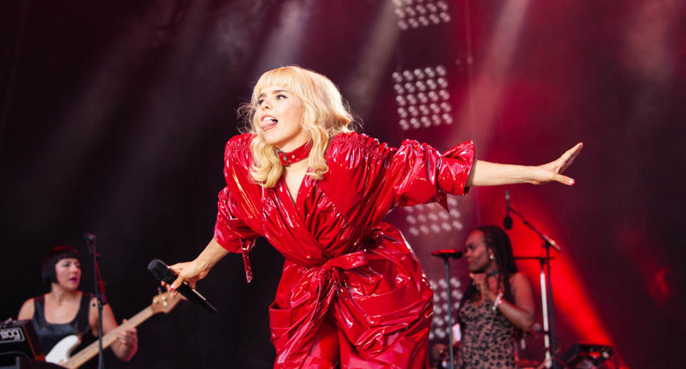 Paloma Faith wore a dramatic red PVC outfit her Brighton Pride performance. (Adiam Yemane)