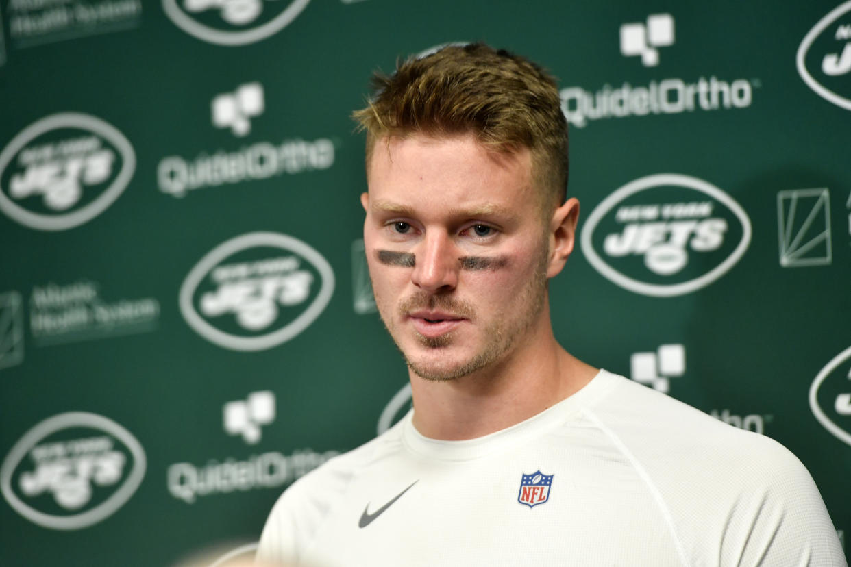New York Jets quarterback Tim Boyle meets with reporters after the team's NFL football game against the Buffalo Bills in Orchard Park, N.Y., Sunday, Nov. 19, 2023. The Bills won 32-6. (AP Photo/Jeffrey T. Barnes )