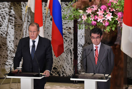 Russian Foreign Minister Sergei Lavrov and Japanese Foreign Minister Taro Kono attend their joint news conference after their two-plus-two Foreign and Defense Ministers meeting between Japan and Russia at the Iikura Guest House in Tokyo, Japan, May 30, 2019. Kazuhiro Nogi/Pool via Reuters