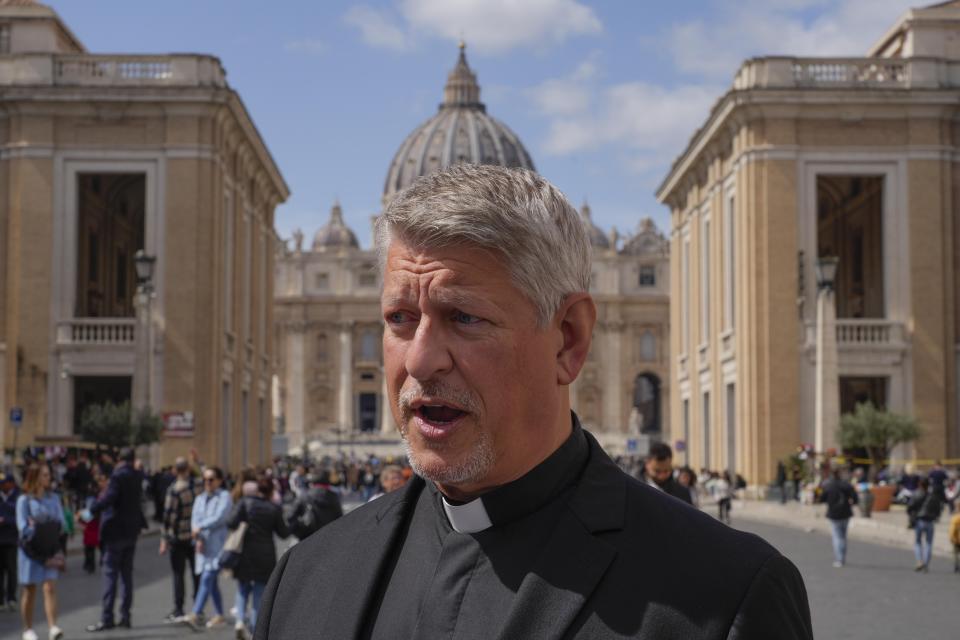 Father David McCallum talks during an interview with he Associated Press outside St. Peter's Square, in Rome, Thursday, March 30, 2023. The Vatican has formally repudiated the "Doctrine of Discovery." That is the theory backed by 15th century papal bulls that legitimized the colonial-era seizure of Native lands and form the basis of some property law today. Indigenous groups have been demanding such a statement for decades. (AP Photo/Gregorio Borgia)