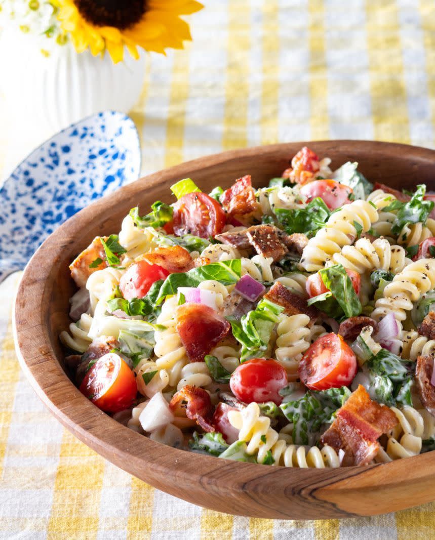 easter side dishes blt pasta salad in wood bowl