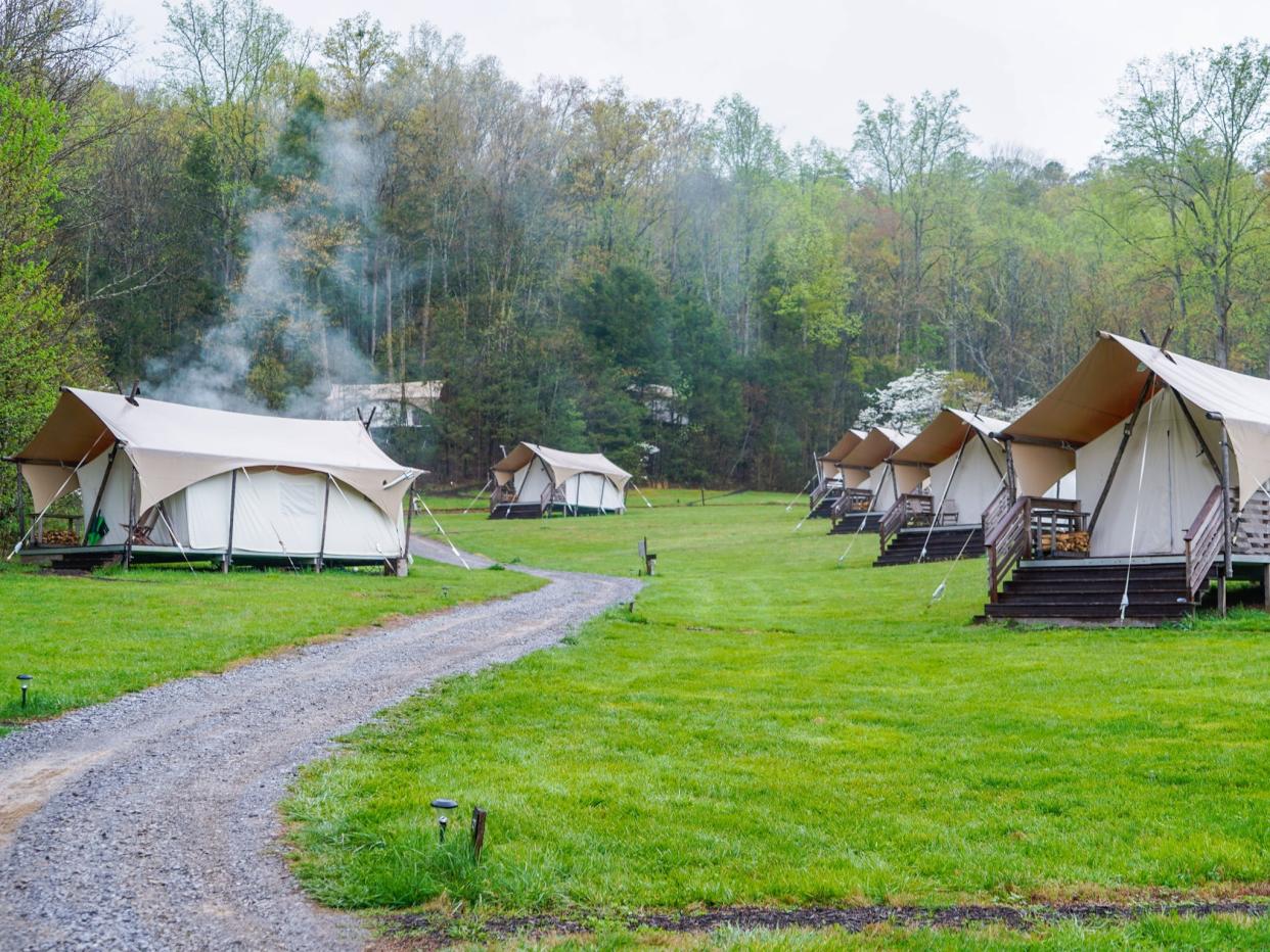 Tents at the Under Canvas glamping resort in the Great Smoky Mountains.