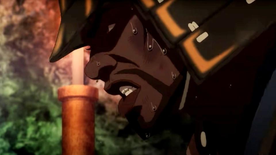 Yasuke dons armor and sweats in a still from the anime trailer.