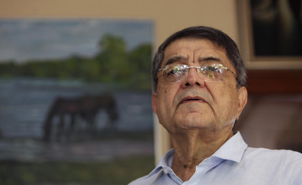 FILE - In this Nov. 16, 2017 file photo, Nicaraguan author Sergio Ramirez speaks during a press conference in Managua, Nicaragua. Ramirez has been called on Tuesday, June 1, 2021, to testify as a witness in a supposed money laundering case against presidential hopeful Cristiana Chamorro, daughter of Nicaragua’s former president Violeta Chamorro. (AP Photo/Alfredo Zuniga, File)