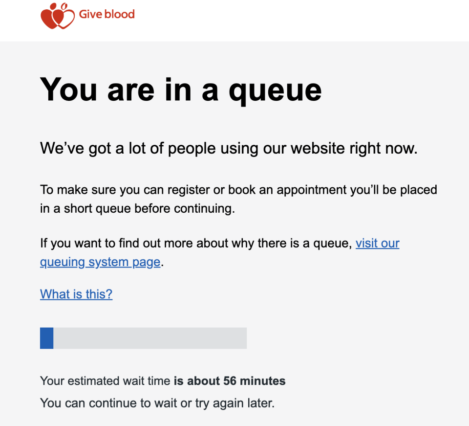 NHS Give Blood uses a 'Queue-it' system when the donation site is too busy. (NHS Give Blood)