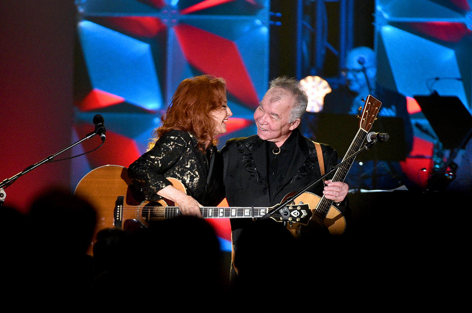 NEW YORK, NEW YORK - JUNE 13: Bonnie Raitt and Inductee John Prine perform onstage during the Songwriters Hall Of Fame 50th Annual Induction And Awards Dinner at The New York Marriott Marquis on June 13, 2019 in New York City. (Photo by Theo Wargo/Getty Images for Songwriters Hall Of Fame )