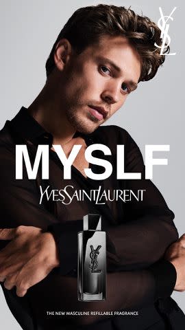 <p>Gray Sorrenti/ YSL Beauty</p> Austin Butler appears in a print ad for YSL Beauty's MYSLF fragrance.