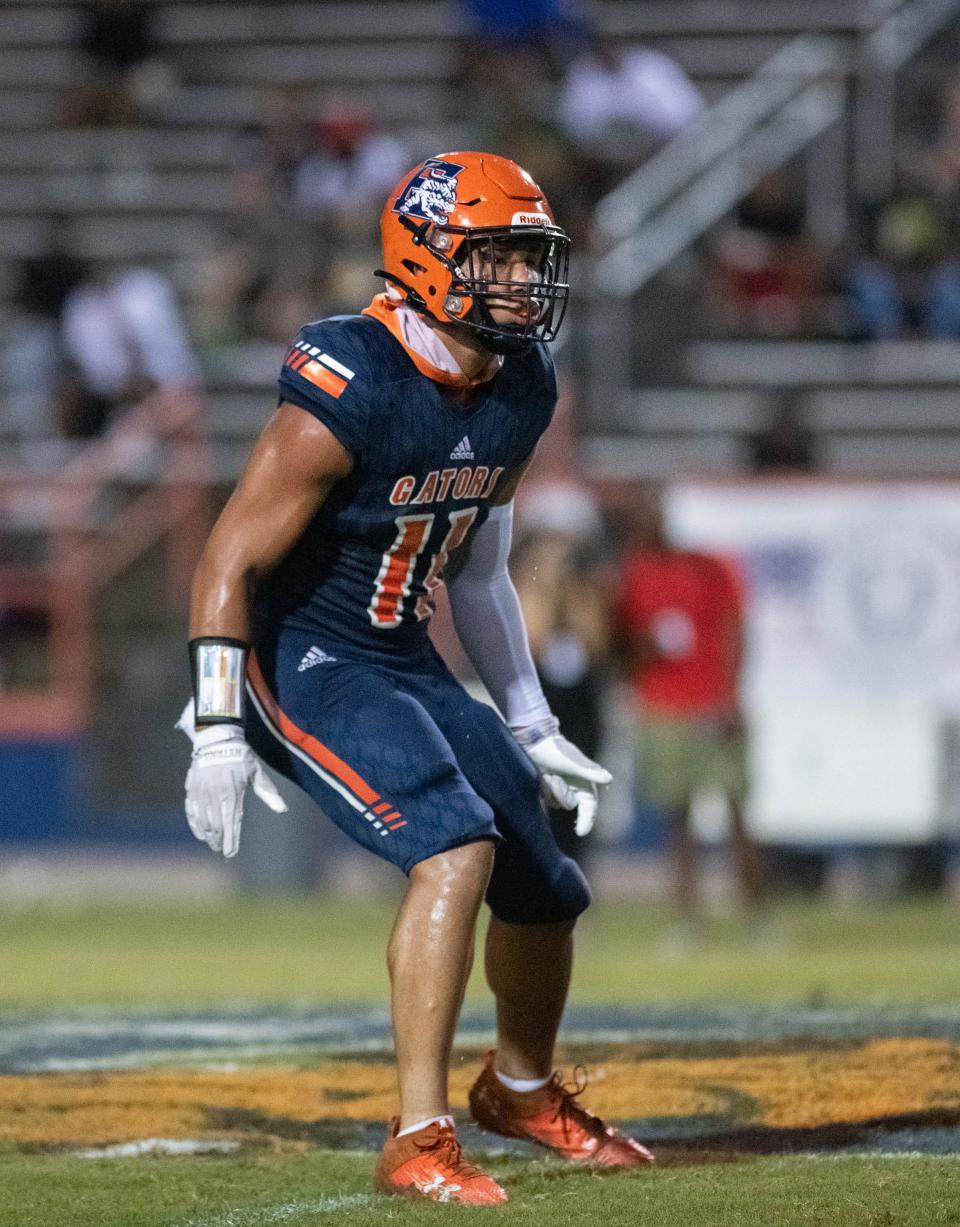 Lejon Williams (11) follows the play during the Pensacola Catholic vs Escambia football game at Escambia High School in Pensacola on Friday, Sept. 1, 2023.