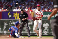 Chicago Cubs' Nico Hoerner (2) is out at second as St. Louis Cardinals second baseman Nolan Gorman turns the double play during the seventh inning of a baseball game Saturday, June 25, 2022, in St. Louis. Cubs' Yan Gomes was out at first. (AP Photo/Jeff Roberson)