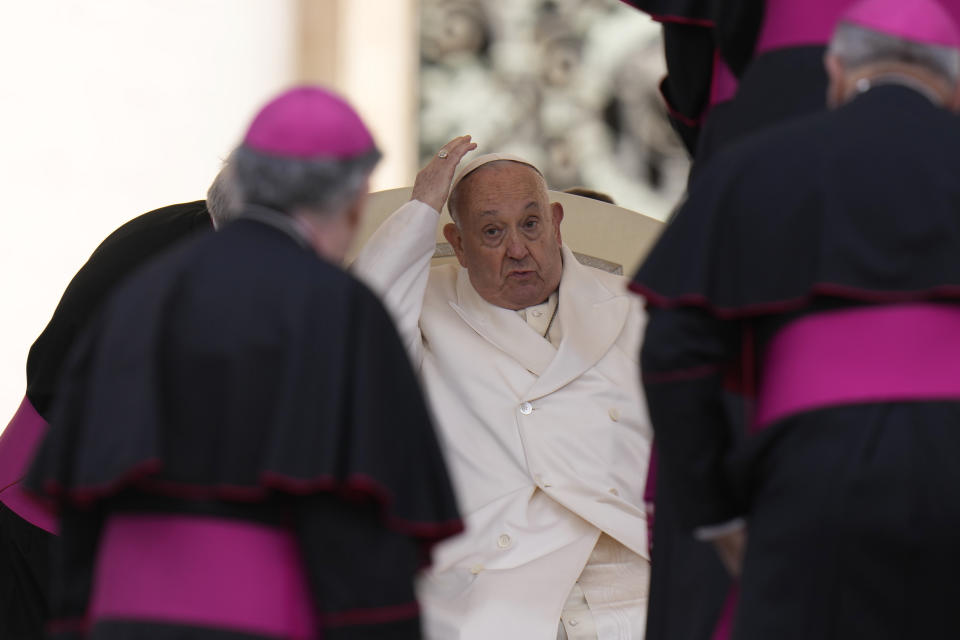 Pope Francis holds his weekly general audience in St. Peter's Square, at the Vatican, Wednesday, April 24, 2024. (AP Photo/Alessandra Tarantino)