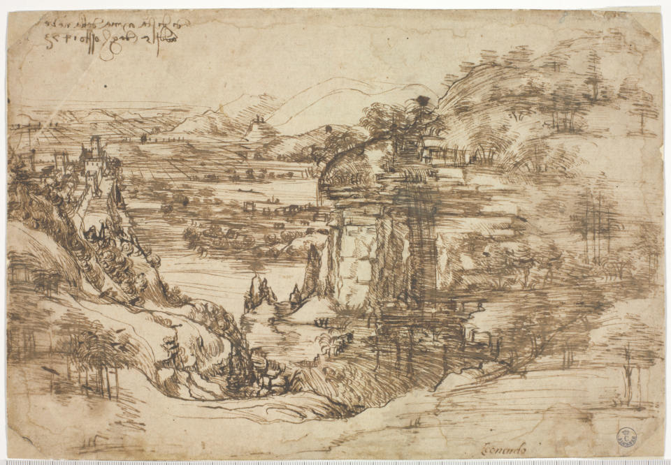 El dibujo "Il Paesaggio" (The Landscape), atribuido a Leonardo da Vinci del 5 de agosto de 1473 en una fotografía proporcionada por Opera Laboratori el jueves 17 de enero de 2019. El dibujo fue trasladado el jueves a un laboratorio de restauraciones en Florencia, que comenzó de inmediato a realizar una examinación microscópica. Los especialistas hallaron que Leonardo le agregó detalles a un boceto previo de una campiña, dijo la Galería Uffizi, cuya colección incluye la frágil obra. (Roberto Palermo, Opera Laboratori via AP)