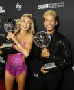 <p>The ecstatic duo celebrated at the<em> Dancing With the Stars</em> live finale after beating out second- and third-place finishers Lindsey Stirling and partner Mark Ballas and Frankie Munoz and Witney Carson to take home the mirror-ball trophy. (Photo: Tiffany Rose/Getty Images) </p>