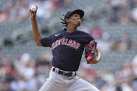 Cleveland Guardians starting pitcher Triston McKenzie throws during the first inning of a baseball game against the Minnesota Twins, Sunday, May 15, 2022, in Minneapolis. (AP Photo/Stacy Bengs)