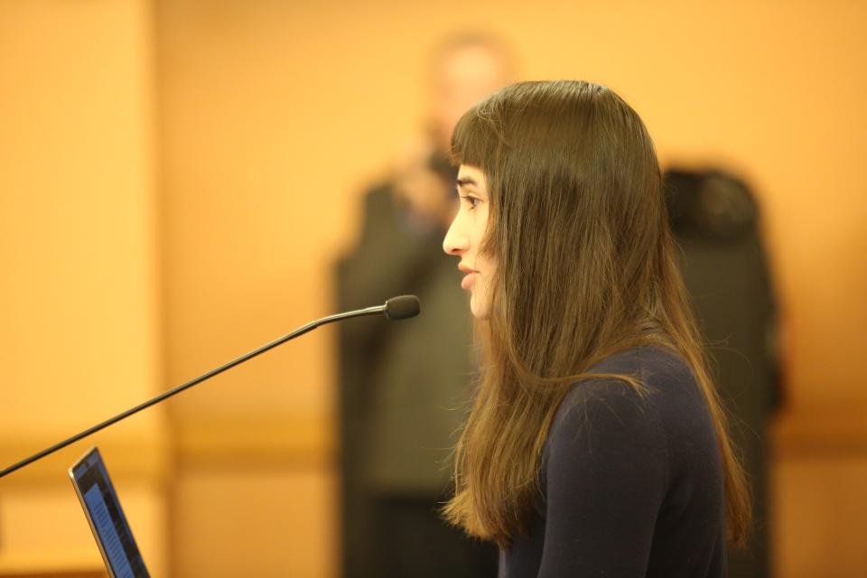 Chloe Cole, a California resident who says she regrets her decision to receive gender-affirming care, testifies Tuesday before the Senate Public Health and Welfare Committee.