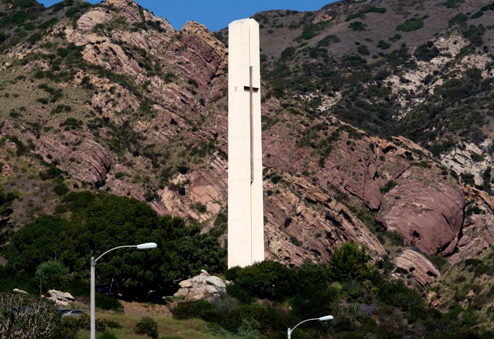 An obelisk stands in front of Pepperdine University in Malibu, Calif. The Southern California university wrestling with the deaths of four seniors who were struck by a car in October along the Pacific Coast Highway.