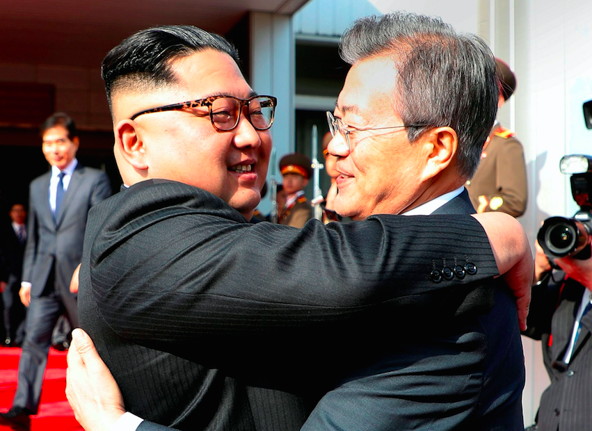 North Korean leader Kim Jong-un bids farewell to South Korean president Moon Jae-In after their surprise summit at the weekend (Picture: Rex)