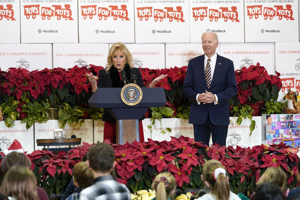 First lady Jill Biden speaks as she and President Joe Biden participate in a Toys for Tots sorting event at Joint Base Myer-Henderson Hall in Arlington, Va., Monday, Dec. 12, 2022. (AP Photo/Patrick Semansky)