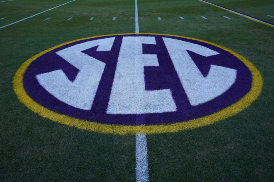 Nov 13, 2021; Baton Rouge, Louisiana, USA; A detailed view of the Southeastern Conference SEC logo at Tiger Stadium. Mandatory Credit: Kirby Lee-USA TODAY Sports