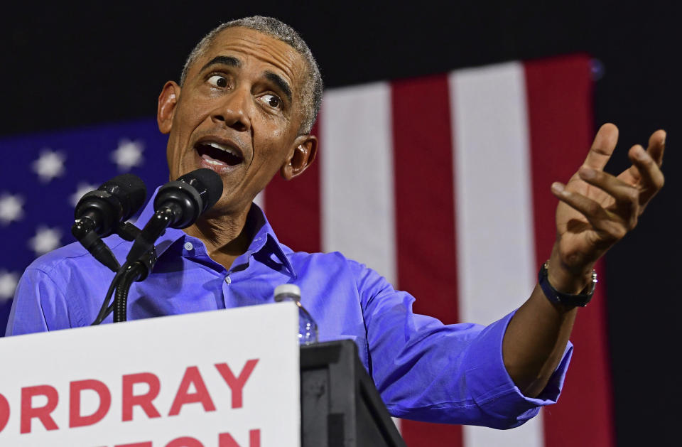 Former President Barack Obama speaks as he campaigns in support of Ohio gubernatorial candidate Richard Cordray, Thursday, Sept. 13, 2018, in Cleveland. (AP Photo/David Dermer)