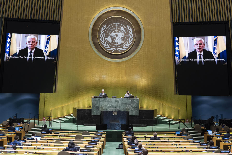 In this photo provided by the United Nations, President Sefik Dzaferovic of Bosnia and Herzegovina's pre-recorded message is played during the 75th session of the United Nations General Assembly, Wednesday Sept. 23, 2020, at U.N. headquarters, in New York. (Eskinder Debebe/UN Photo via AP)