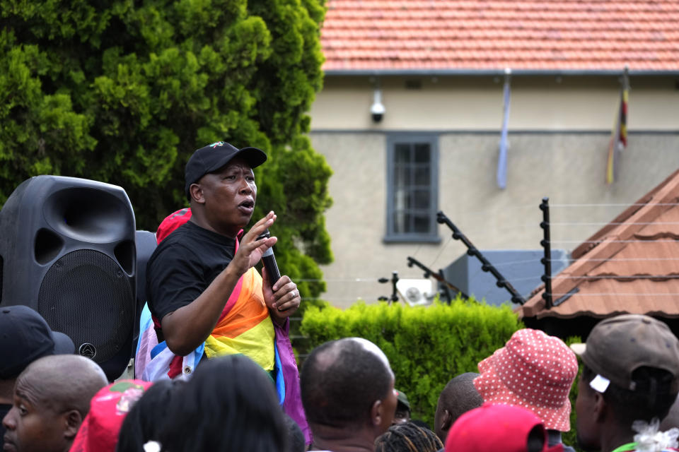 FILE - The Economic Freedom Fighters (EFF) leader Julius Malema speaks during their picket against Uganda's anti-homosexuality bill at the Ugandan High Commission in Pretoria, South Africa, Tuesday, April 4, 2023. The leaders of a boisterous South African opposition party have had their ban from attending a speech this week by President Cyril Ramaphosa to open the new parliamentary session upheld by a court. The leader, deputy leader and four other officials with the Economic Freedom Fighters — the third biggest party in Parliament — will not be allowed at Thursday's State of the Nation Address. (AP Photo/Themba Hadebe)