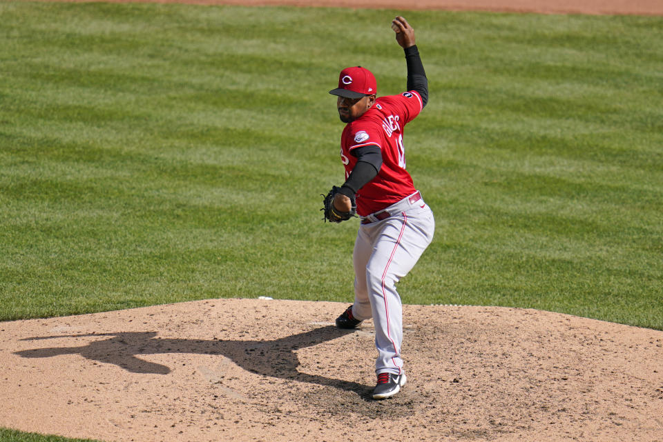 Cincinnati Reds relief pitcher Mychal Givens delivers during the ninth inning of a baseball game against the Pittsburgh Pirates in Pittsburgh, Thursday, Sept. 16, 2021. Givens got the save in a 1-0 Reds win. (AP Photo/Gene J. Puskar)