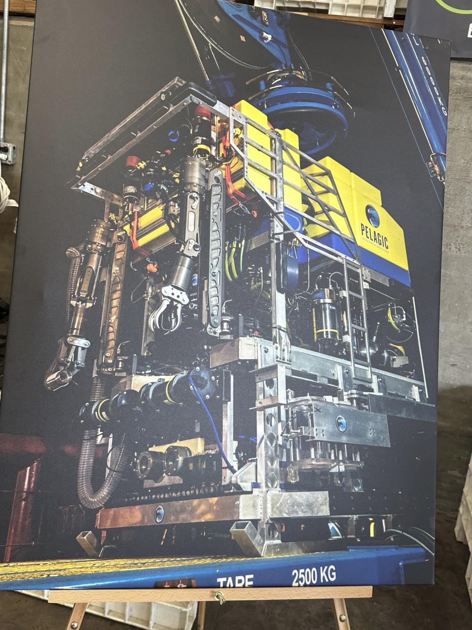 Visual aids for upcoming news conference on the Titan submersible are displayed on Friday, June 30, 2023 in Buffalo, N.Y. The submersible imploded last week, killing all five people on board. (AP Photo/Carolyn Thompson)